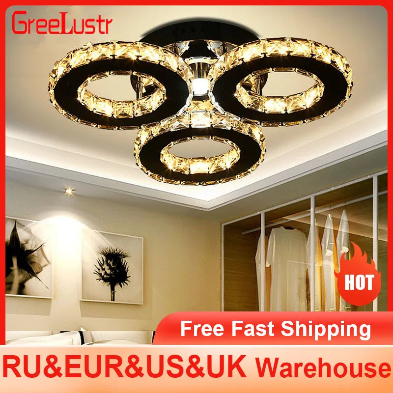 GreeLustr Crystal Chandelier Ceiling Lamp 3 Rings Chrome Pendant Light Modern Flush Mount for Bedroom