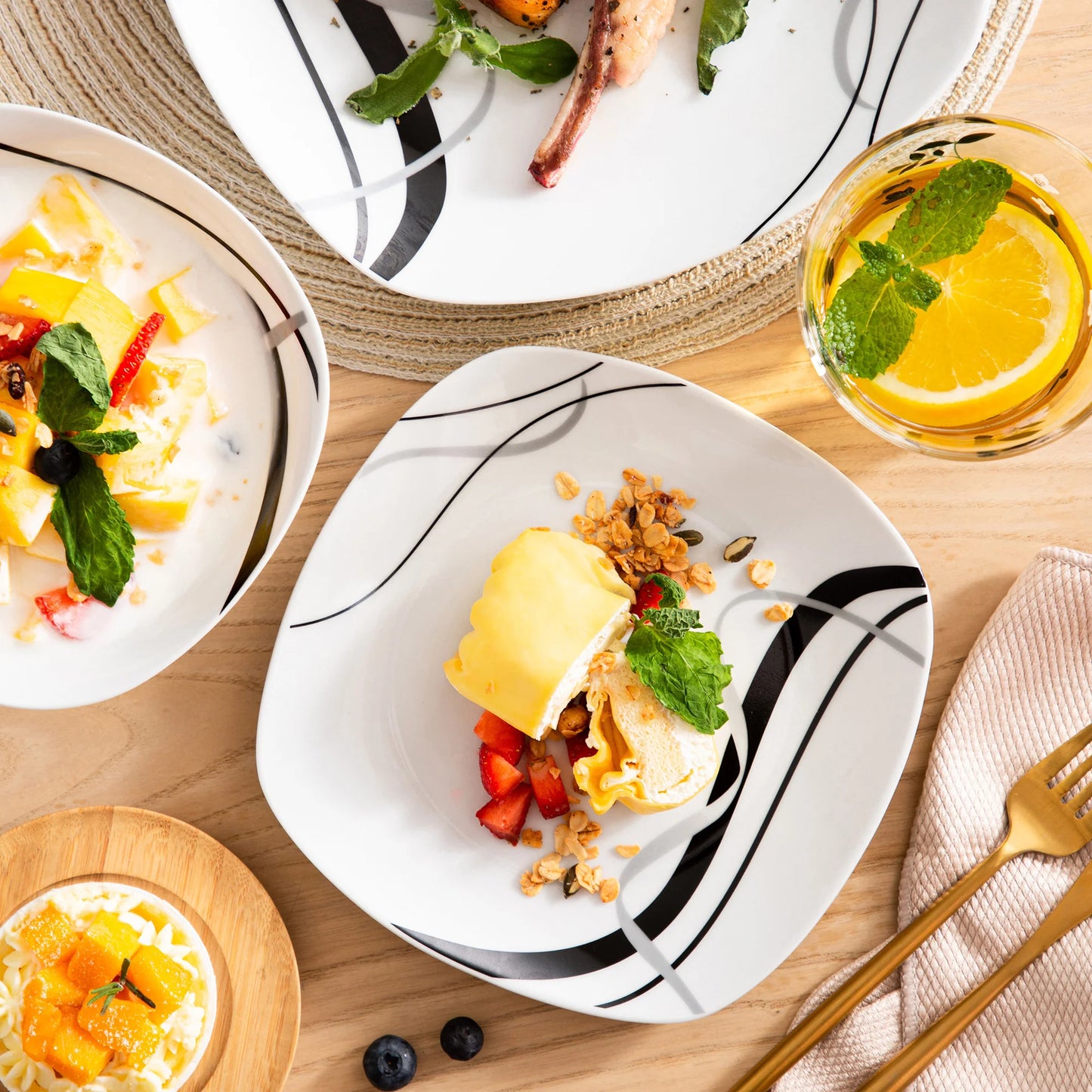 VEWEET FIONA 24-Piece Ceramic Black Plate Combi-Set Porcelain Tableware Set of Bowls/Dessert Plates/Soup Plates/Dinner Plates