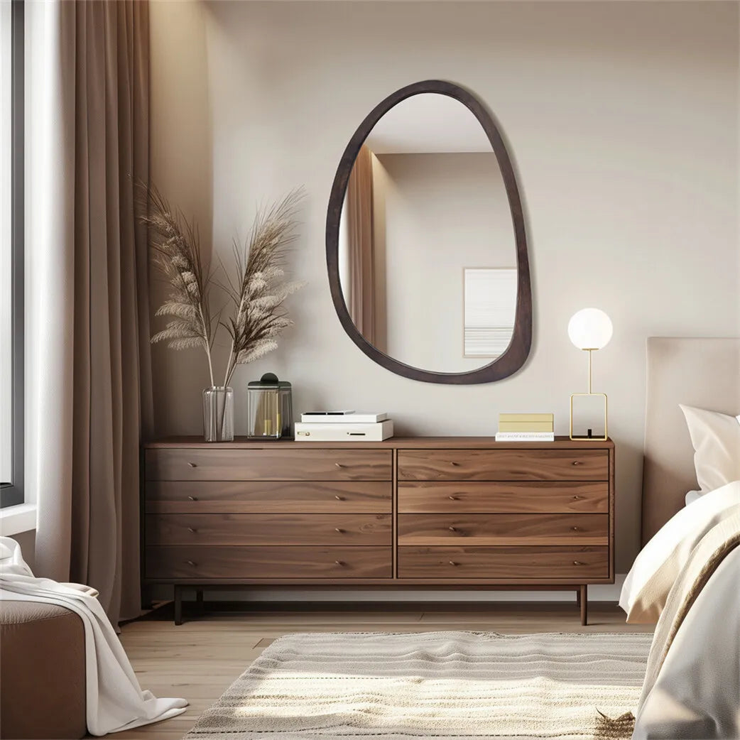 BORWART Walnut Wood Frame Wall Mirror Decorative Irregular Industrial Style for Living Room Bedroom Bathroom Entryway