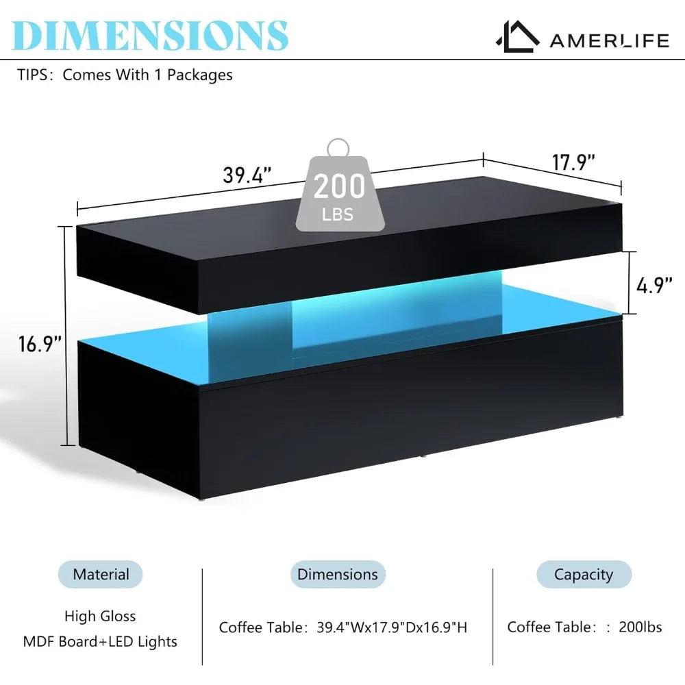 LED Coffee Table With Open Storage Modern Two-Tier Design