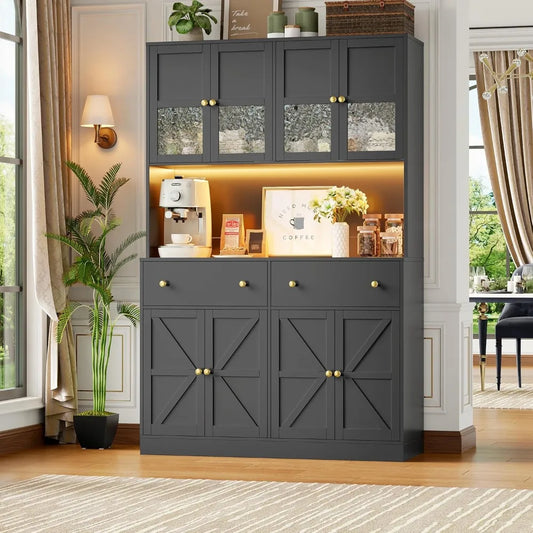 Farmhouse Pantry With LED Lighting Charging Station And Microwave Mount