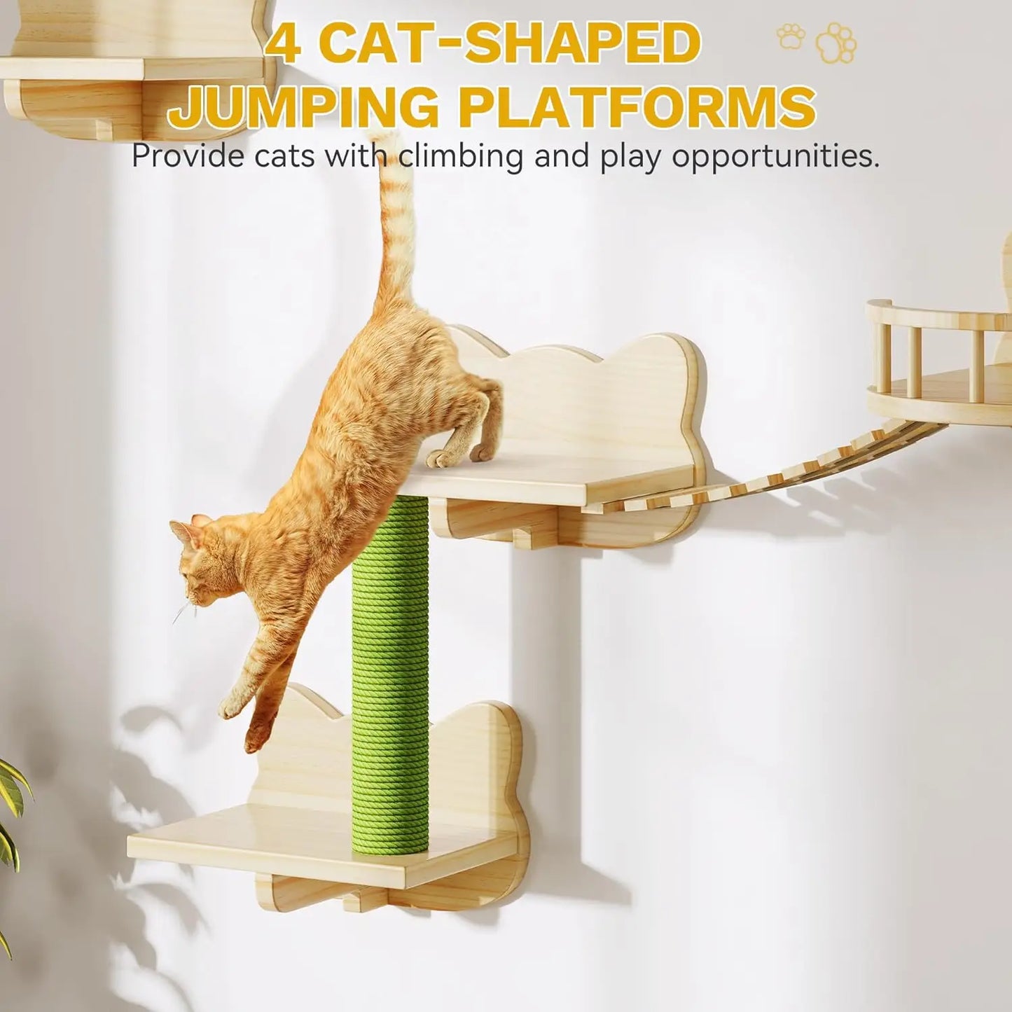 Solid Wood Cat Wall Shelves Set with Climbing Perches, Steps, Bridge Ladder and Scratching Posts for Large Cats