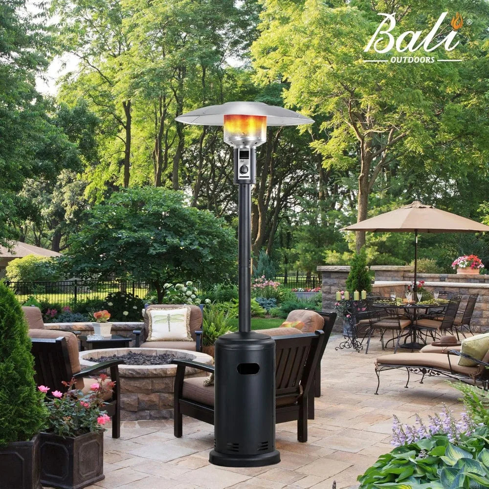 Patio Heater Outdoor Gas Powered Tower Style With Wheels For Mobility And Outdoor Use
