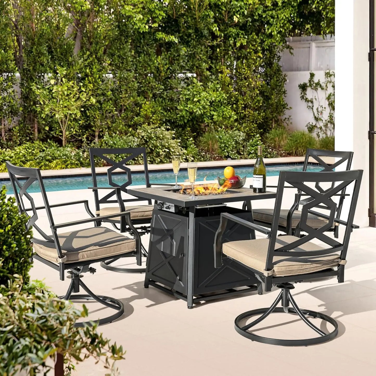 5-Piece All-Weather-Heavy-Duty Outdoor Patio Set With Fire Pit Table Swivel-Chairs