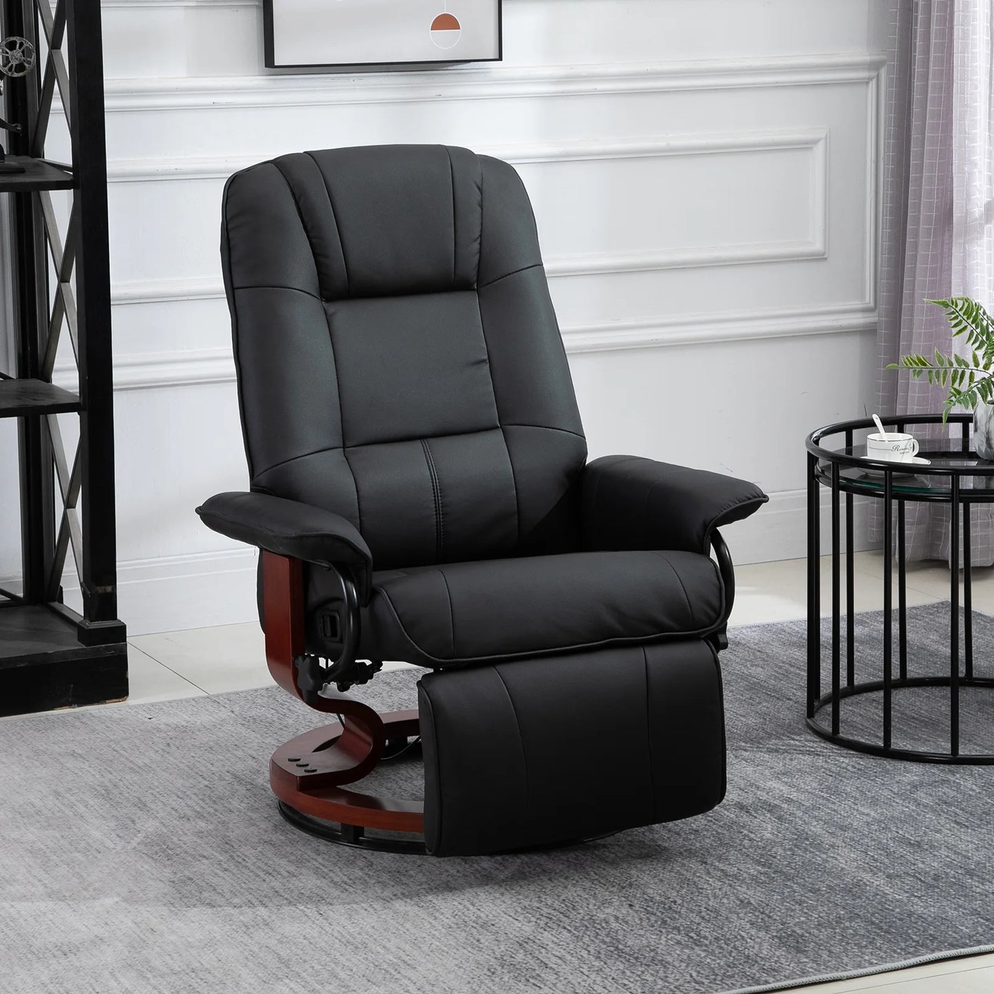 HOMCOM Faux Leather Reclining Swivel Lounge Chair With Wooden Base