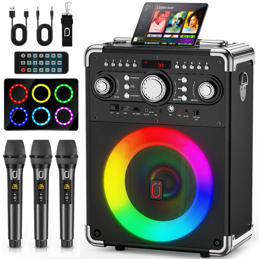 Karaoke Machine with 3 Wireless Microphones, Bluetooth Karaoke Speaker with 3 Mics for Adults/Kids, Portable PA System