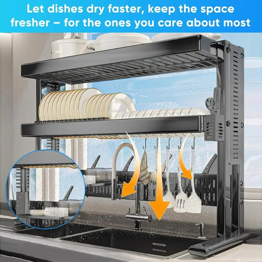 Large Over The Sink Dish Drainer Drying Rack，2 Tier Large Capacity Stainless Steel Dish Drying Rack Over Sink, Multifunctional K
