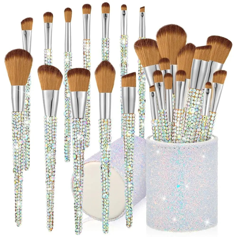 13 Pcs Rhinestone Silver Makeup Brushes Set Bling Crystal Blending Liquid Powder Concealer Eye Makeup Beauty Tool Glitter with H