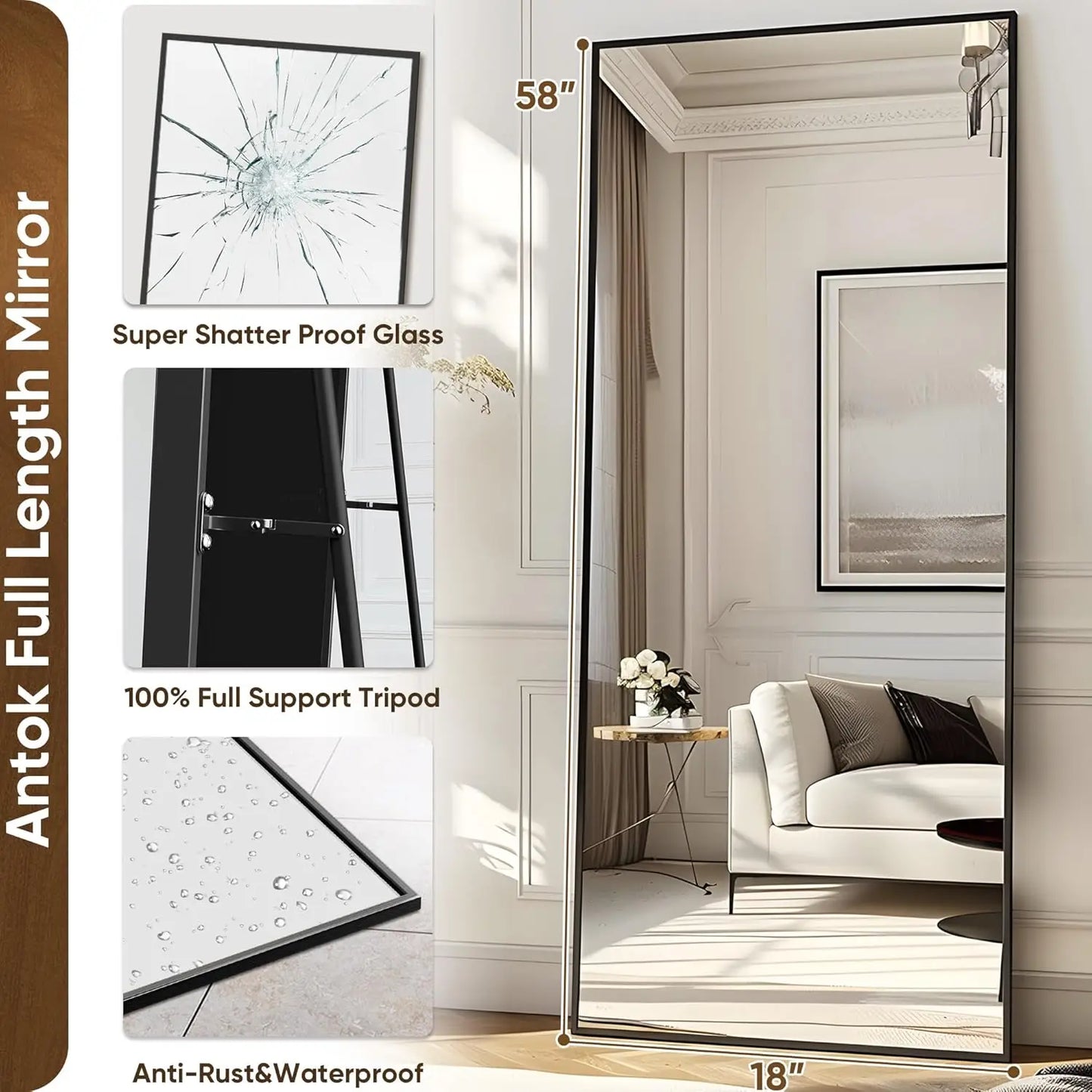 Antok Floor Mirror With Stand For Bedroom Living Room Cloakroom