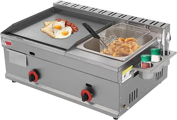 Dual Burner Countertop Cooking Station with Stainless Steel Fryer and Gas Griddle