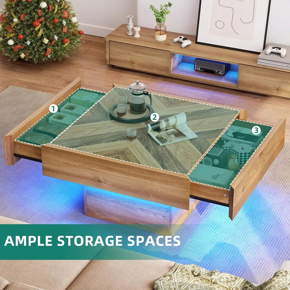 Square LED Coffee Table With Two Drawers, Modern Living Room Center Table With App Controlled LED Lighting