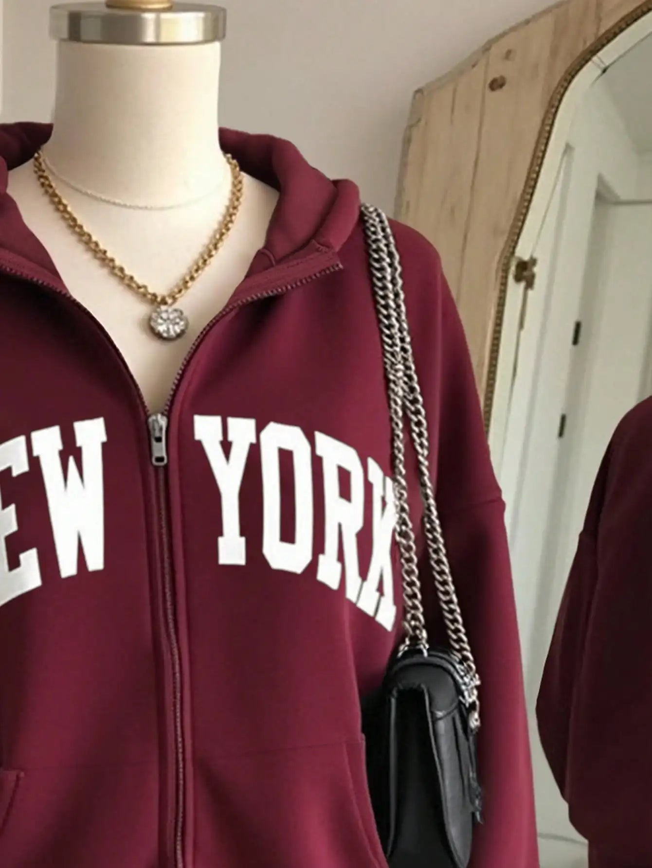 Women's Burgundy New York Letter Print Zip-Up Hoodie, Loose Fit Casual Sweatshirt