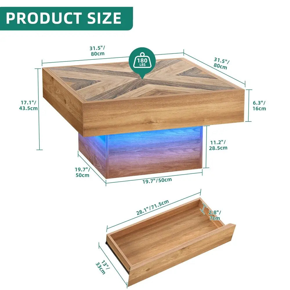 Square LED Coffee Table With Two Drawers, Modern Living Room Center Table With App Controlled LED Lighting