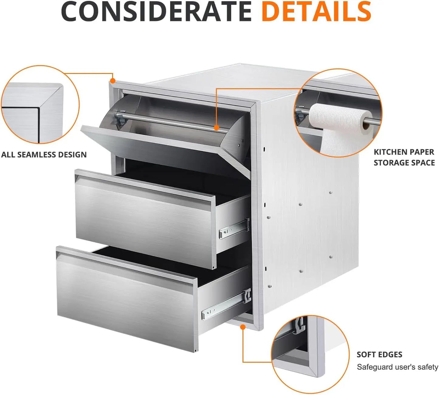 Studyset Stainless Steel Outdoor Kitchen Drawers With Paper Towel Holder 3 Layer Flush Mount