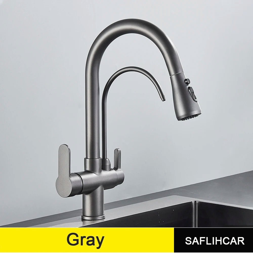 SAFLIHCAR Pull Out Dual Water Modes Kitchen Faucet With Cold And Hot Water Purification Deck Mounted Brass