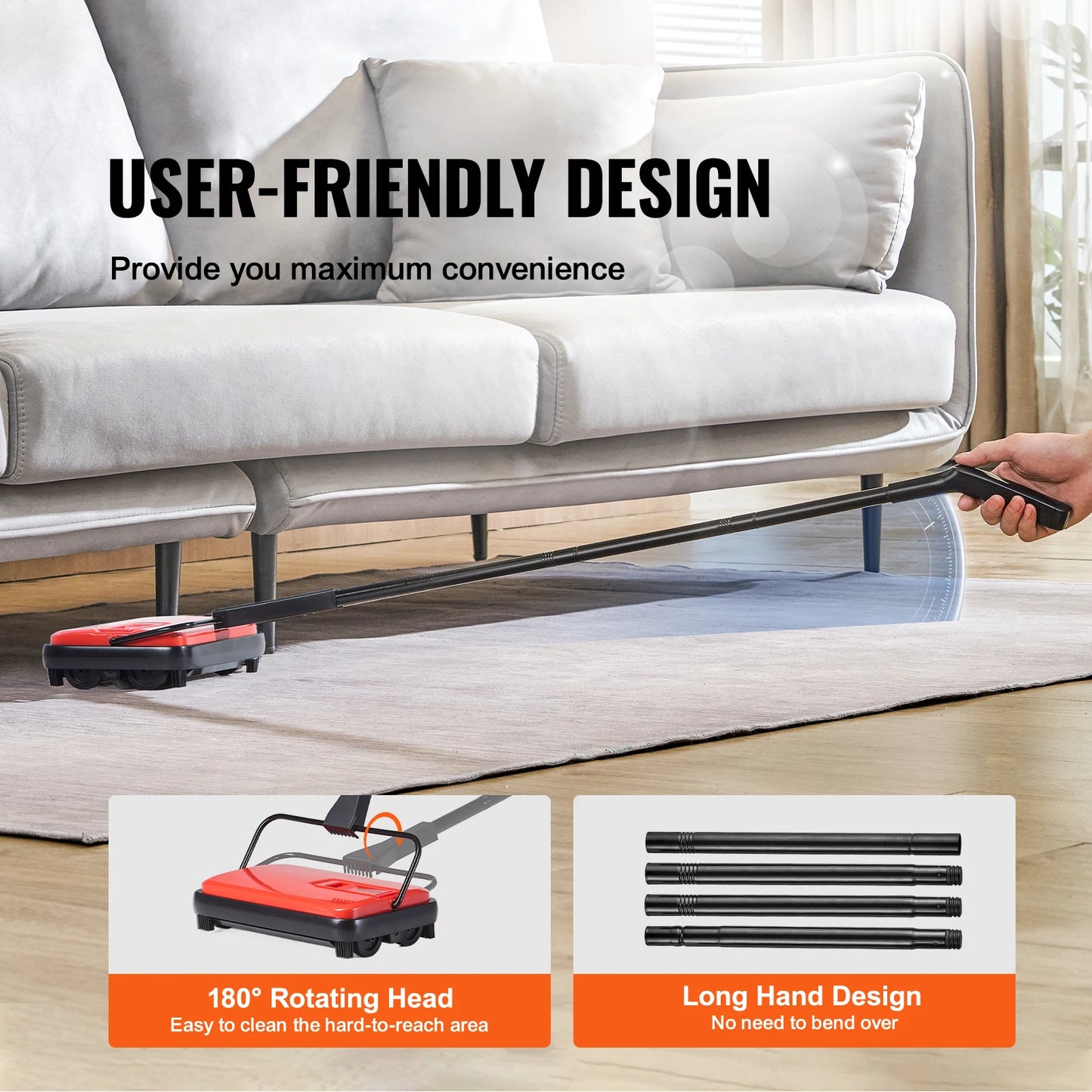 VEVOR Carpet Sweeper Manual Floor Sweeper w/ 300ml Dustbin Capacity 6.7 in Cleaning Width for Home Office Carpets Pet Hair Dust