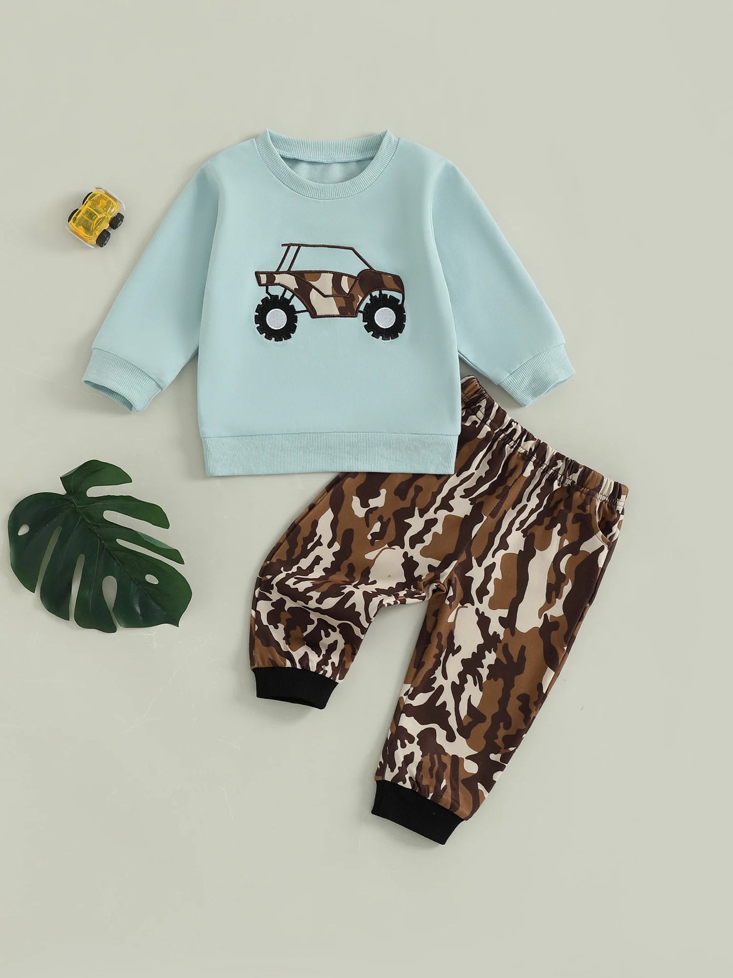 Baby Boy Autumn Construction Truck Applique 2 Piece Knit Sweater And Jogger Set Unisex