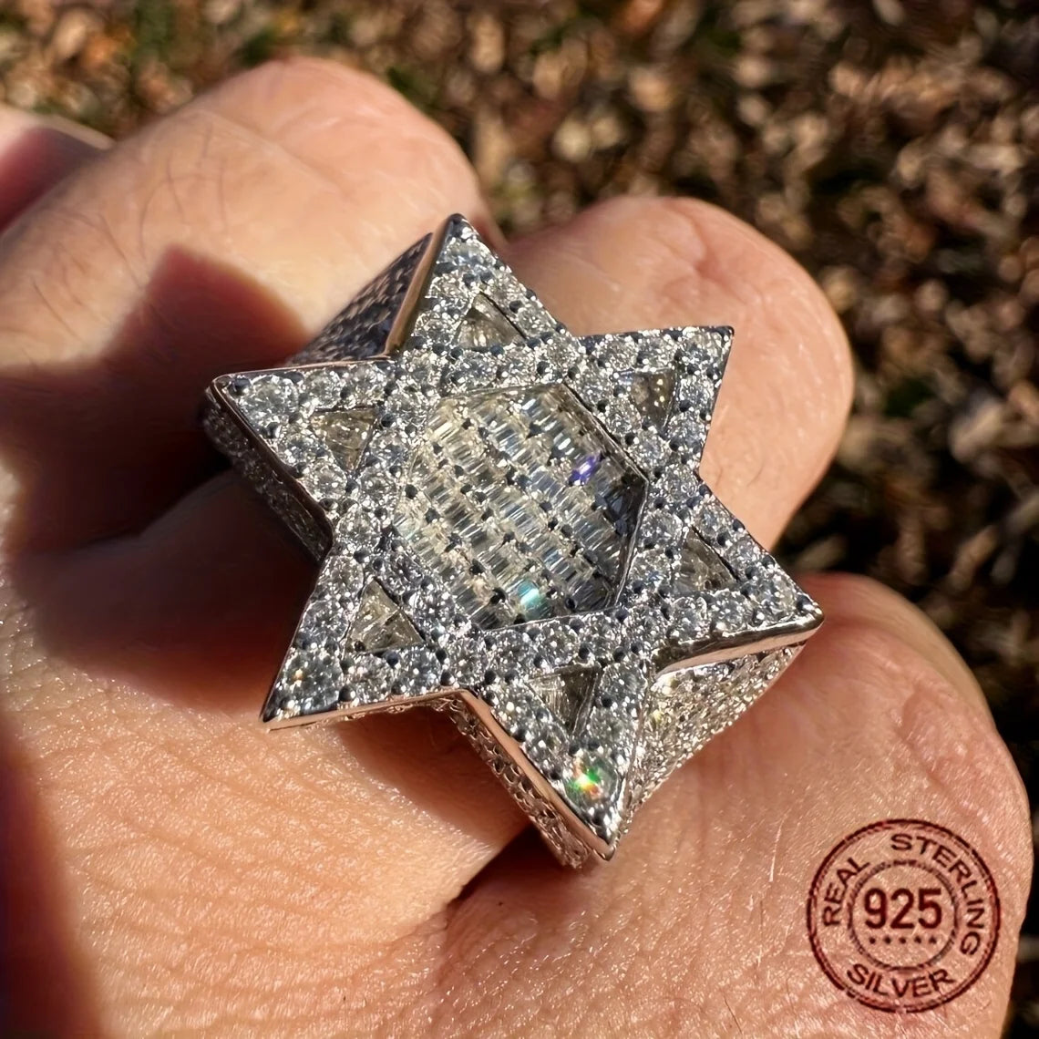 WPOOCC Men's 925 Sterling Hexagram Hip Hop Ring Platinum Plated