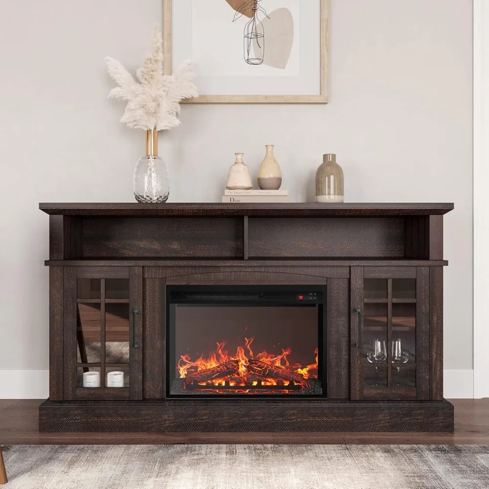 Traditional Rustic TV Stand With Electric Fireplace Heater And Sound