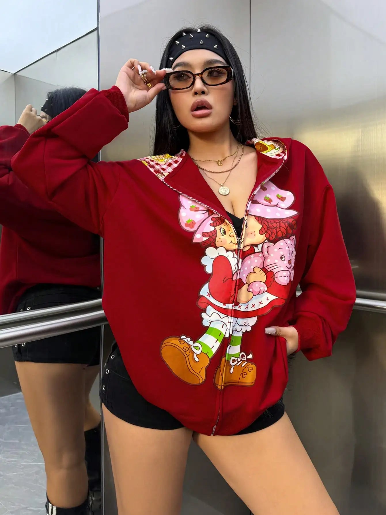 Strawberry Shortcake Cartoon Print Zip-Up Hoodie for Women, Loose Fit Drop Shoulder, Spring Autumn Casual