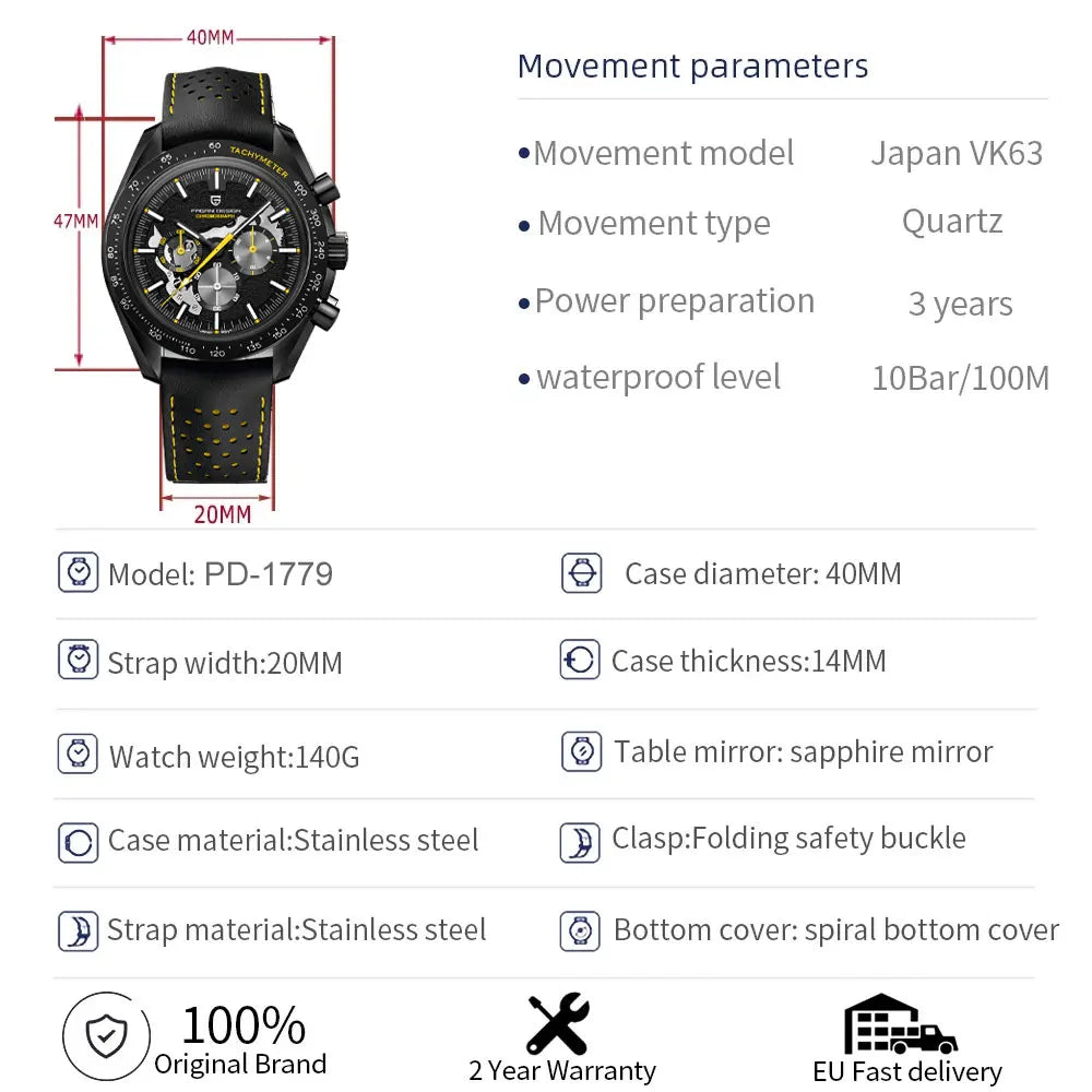 PAGANI DESIGN Moon Dark Mens Skeleton Chronograph Watch