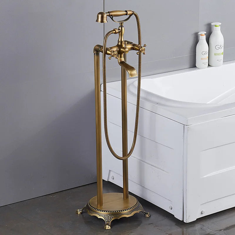 ALENARTWATER Brass Antique Bathroom Faucet Set With 360 Rotation Floor Stand Telephone Hand Shower