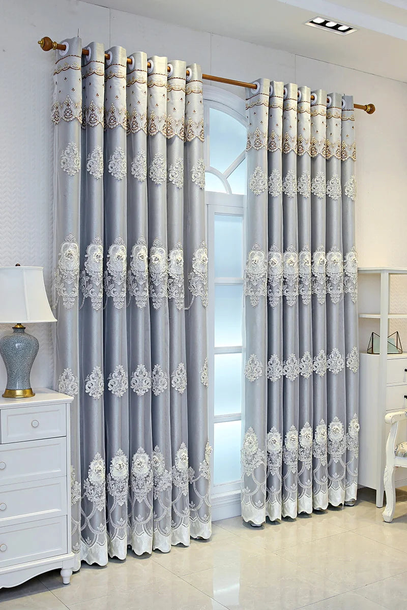 Double Layer Blackout Curtains With Embossed Base And 3D Embroidered Detailing In Polyester For Bedroom And Living Room