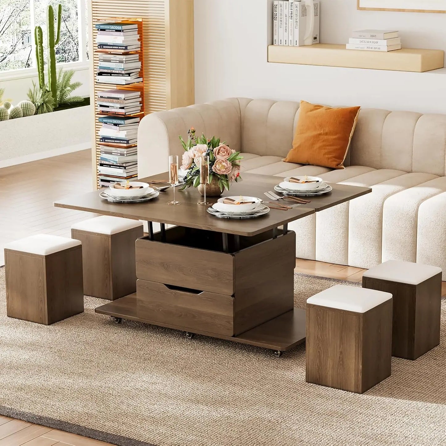 Natural Lift Top Coffee Table With Hidden Storage And Four Stools Three In One Modern Multi Function Center Table