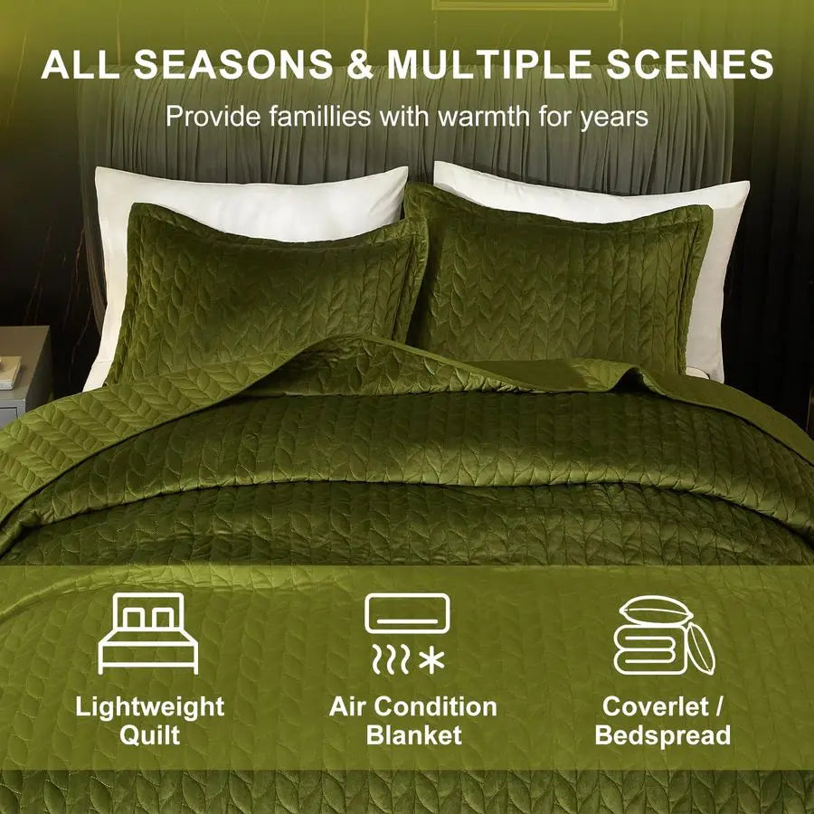 Velvet Quilt Set Lightweight Comforter Bedspread Three Piece Luxury