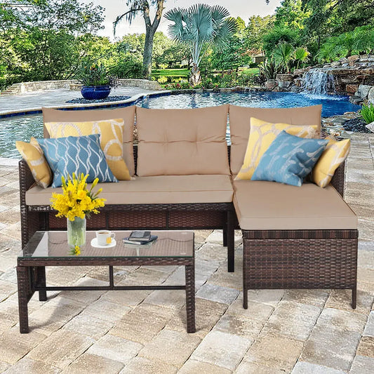 3 PCS Patio Wicker Rattan Sofa Set Sectional Conversation Furniture Set
