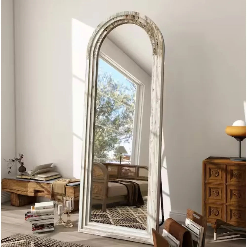 Arched Wooden Framed Floor Mirror For Home Decor And Entryway
