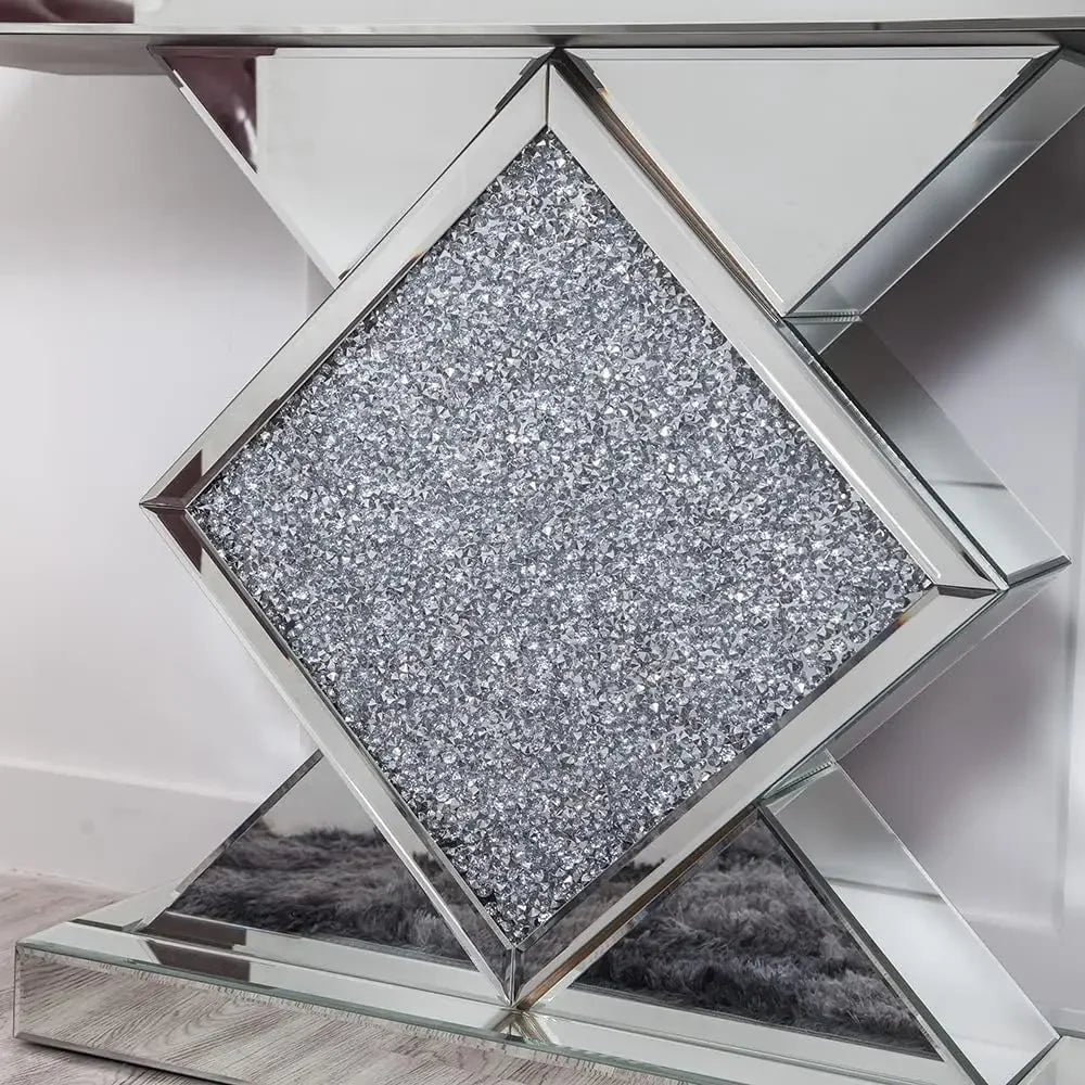 SHYFOY CrystalAccented Mirrored Console Table Diamond Shaped Narrow Sofa LuxuriouslyCrafted