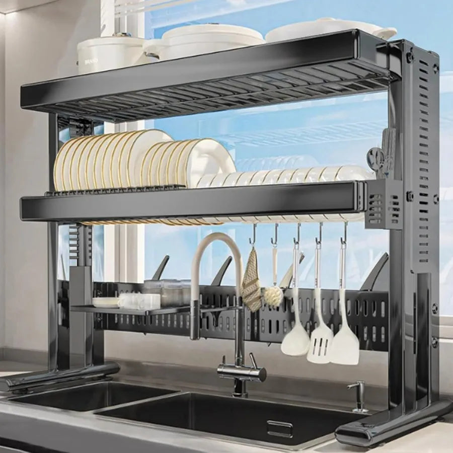 Large Over The Sink Dish Drainer Drying Rack，2 Tier Large Capacity Stainless Steel Dish Drying Rack Over Sink, Multifunctional K