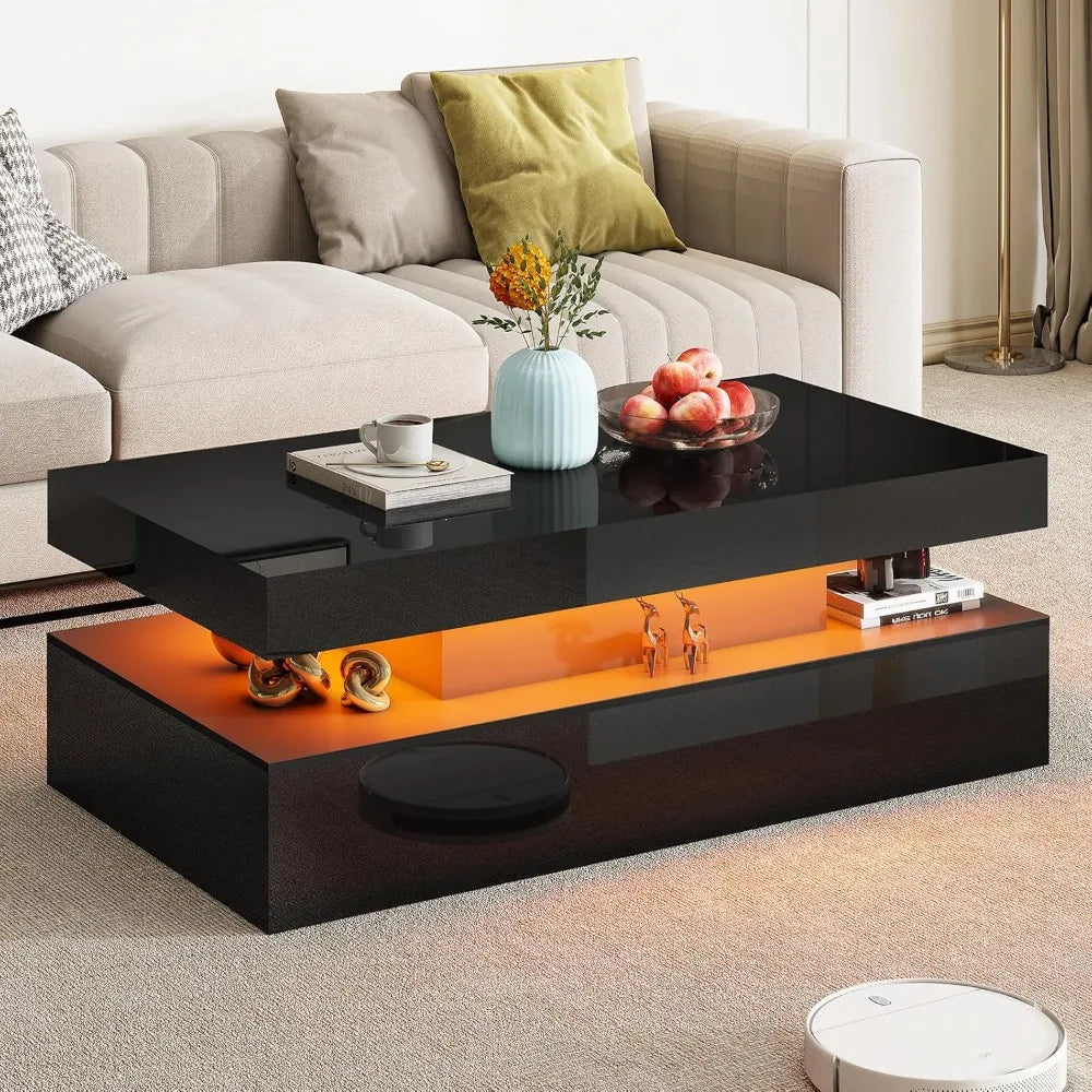 LED Coffee Table With Open Storage Modern Two-Tier Design