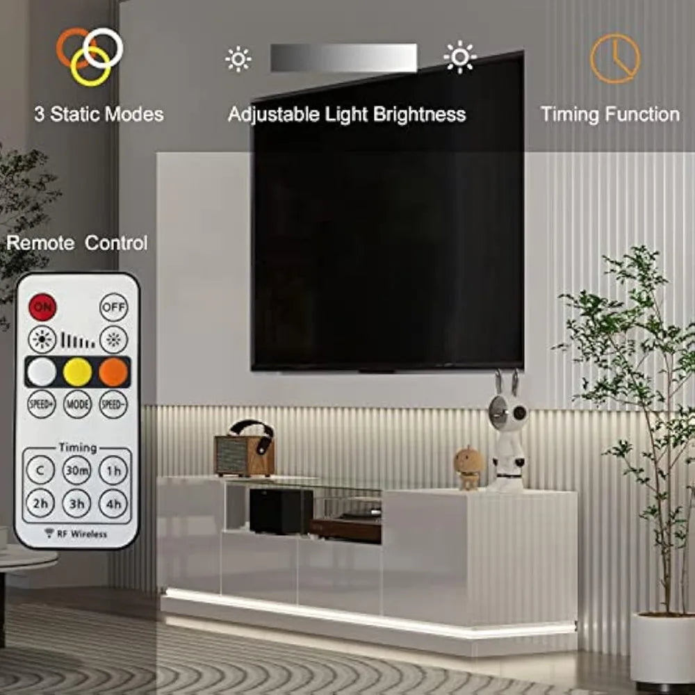 LED Glass TV Stand Console With Drawers Shelves and Cabinets for Modern Entertainment Center