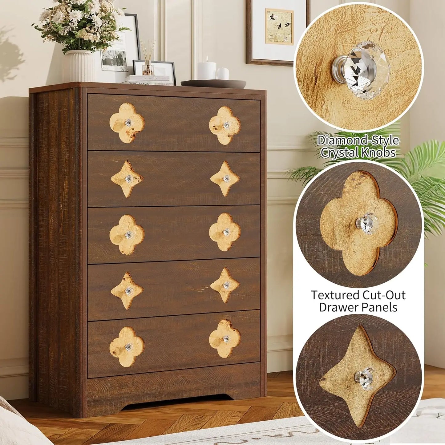 3/5-Drawer Fluted Dresser - Large Bedroom Storage Bedside Cabinet Nightstand Organizer for Bedroom Closet Nursery Living Room