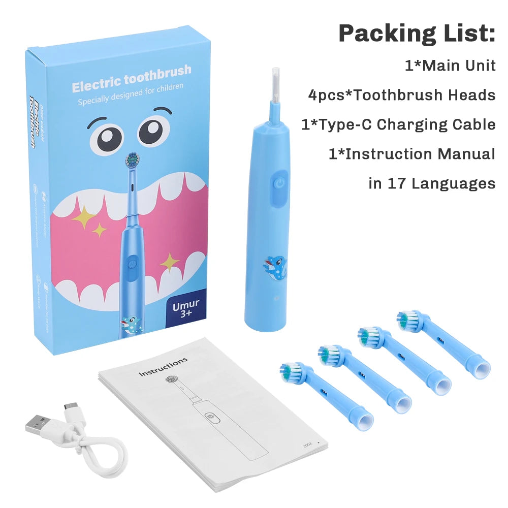AFDEAL Rechargeable Rotating Kids Electric Toothbrush With 4 Soft Brush Heads Whitening Oral Care