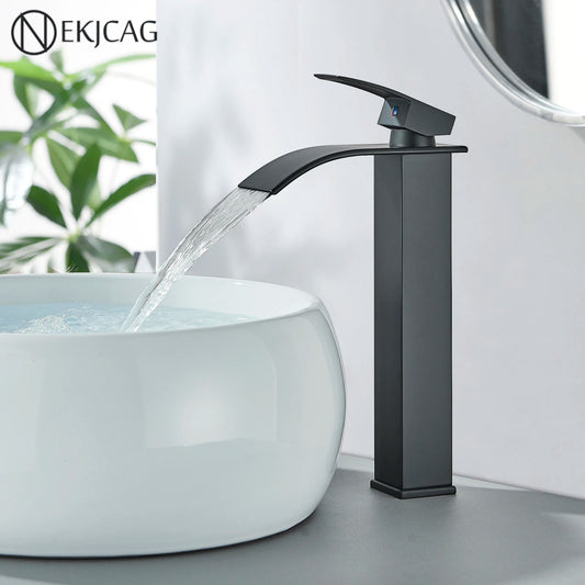 Matte Black Basin Faucet Waterfall Washbasin Vanity Above Counter Sink Faucet Hot & Cold Mixer Tap Deck Mounted Bathroom Crane