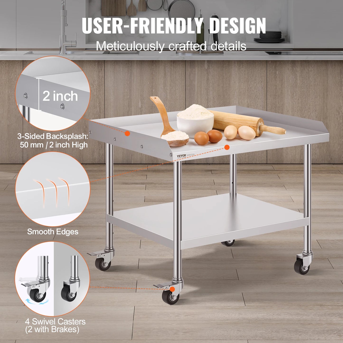 SucceBuy Stainless Steel Work Table Commercial Food Prep Worktable with 4 Wheels Heavy Duty Prep Worktable for Restaurant Home