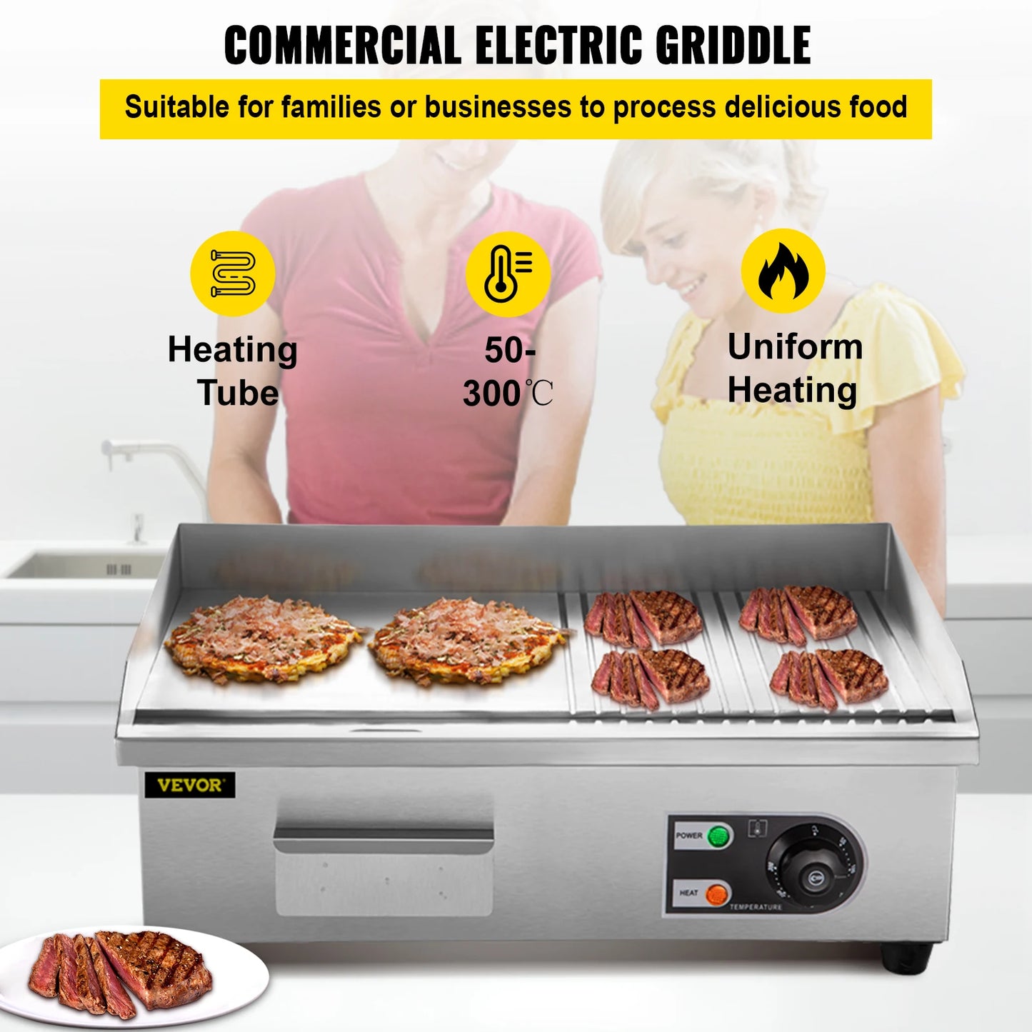 SucceBuy 14"-22" Electric Countertop Griddle Teppanyaki Grill 1600W/3200W Stainless Steel Flat Top Grills for Pancake Chicken