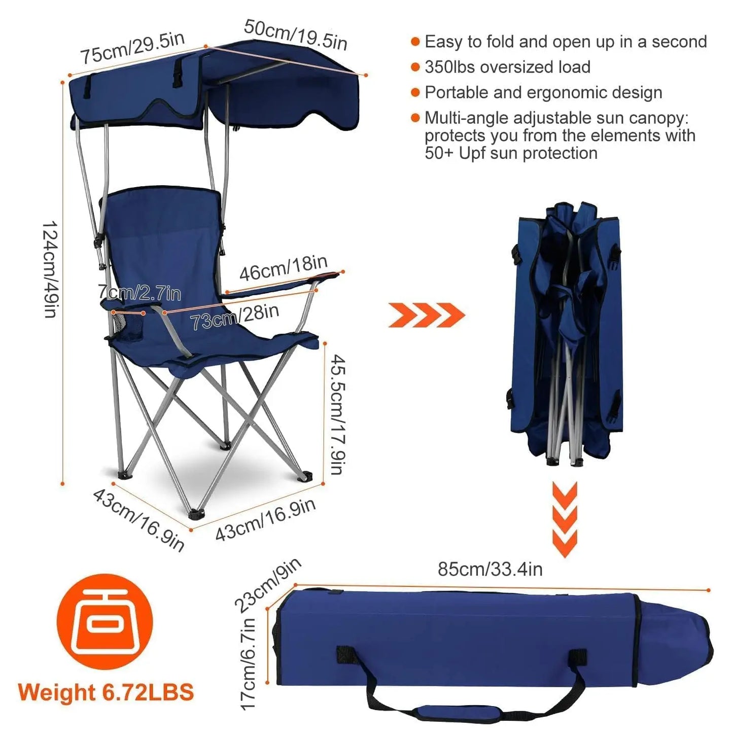 Camping Chair With Canopy Outdoor Portable Folding Lounge Chair UPF 50 Sun Shade Cup Holder