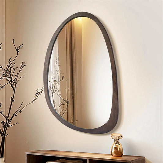 BORWART Walnut Wood Frame Wall Mirror Decorative Irregular Industrial Style for Living Room Bedroom Bathroom Entryway