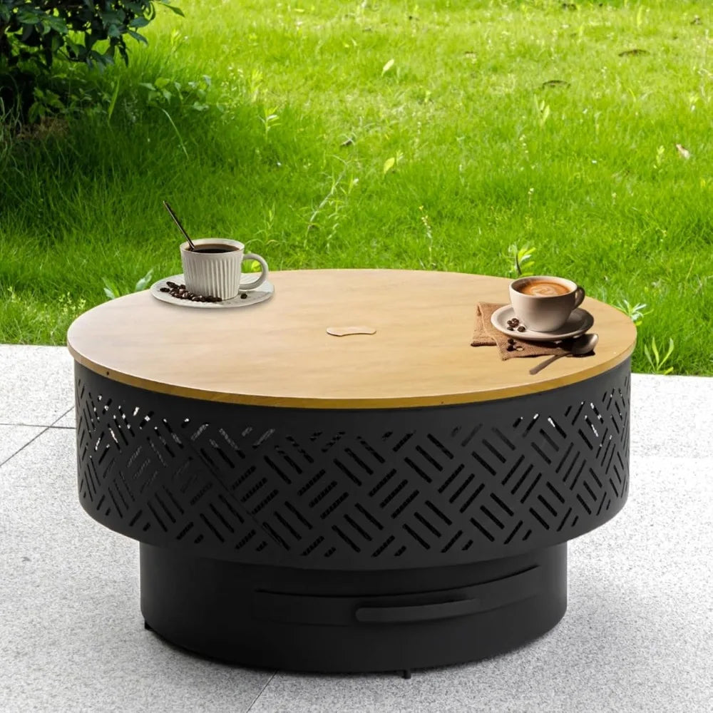 Wood Burning Fire Pit Table for Outdoors with Grill Lid Waterproof Cover Included
