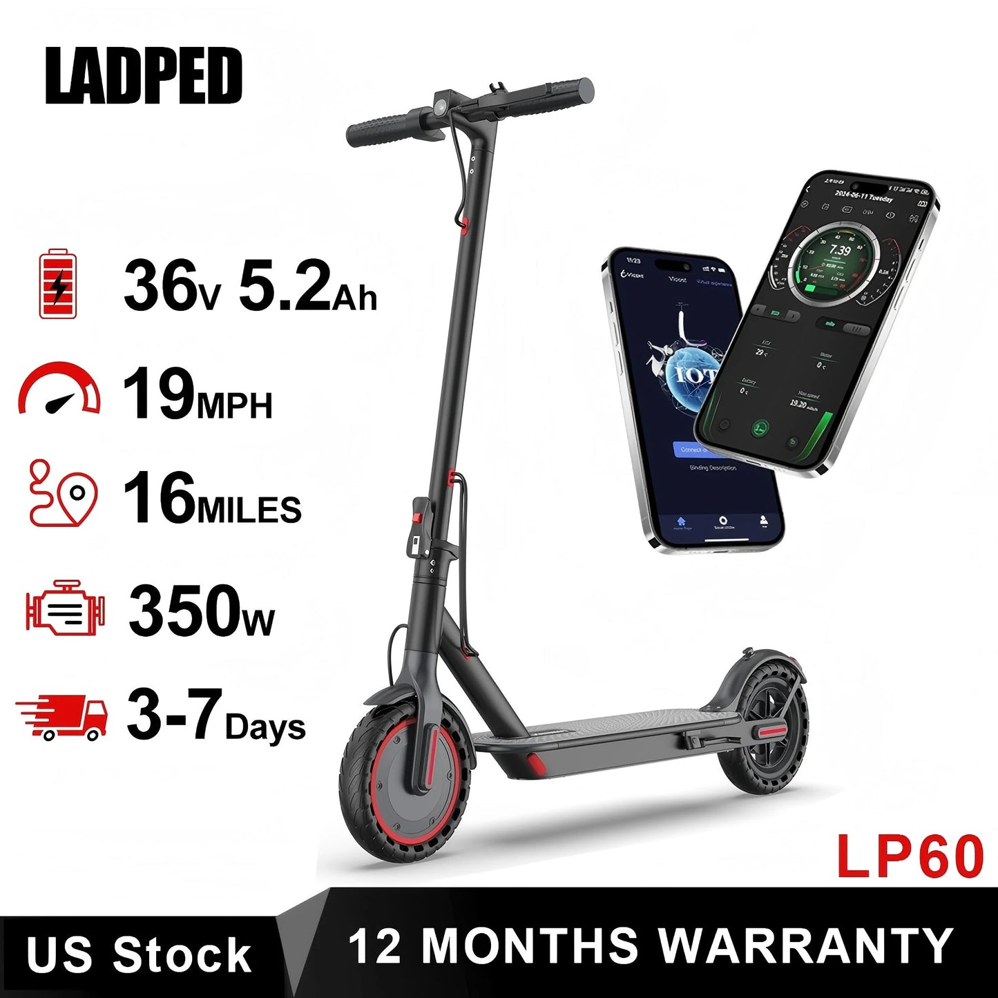 LADPED LP60 Ultra Lightweight Electric Foldable Scooter 350W 19mph EverydayUtility