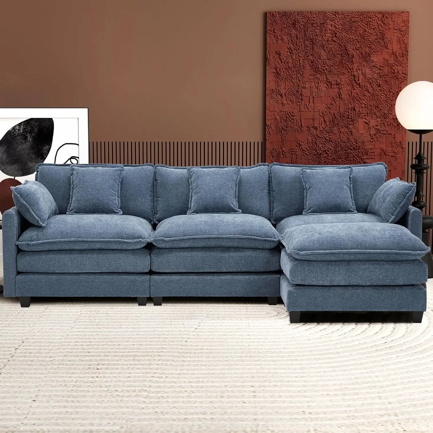 Modular L-Shaped Chenille Cloud Sectional Sofa 4-Seater With Ottoman Modern Living Room Furniture