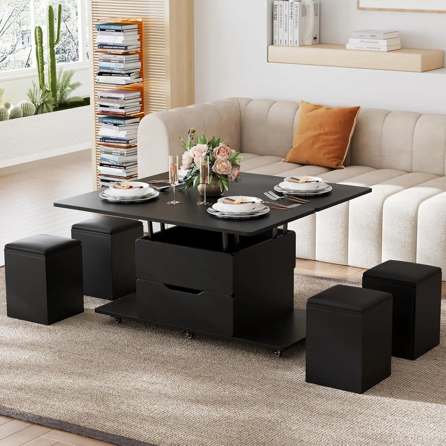Natural Lift Top Coffee Table With Hidden Storage And Four Stools Three In One Modern Multi Function Center Table