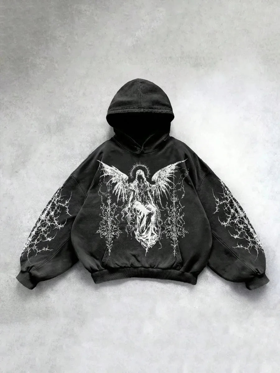 Gothic Hoodie Men Angel Printed Minimalist Hooded Sweatshirt Emo Style Vintage 2000s Style Wash Halloween Hoodies
