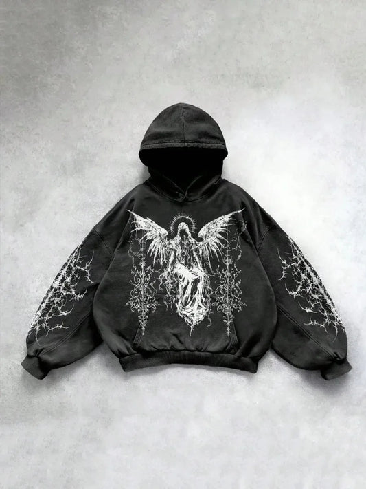 Gothic Hoodie Men Angel Printed Minimalist Hooded Sweatshirt Emo Style Vintage 2000s Style Wash Halloween Hoodies