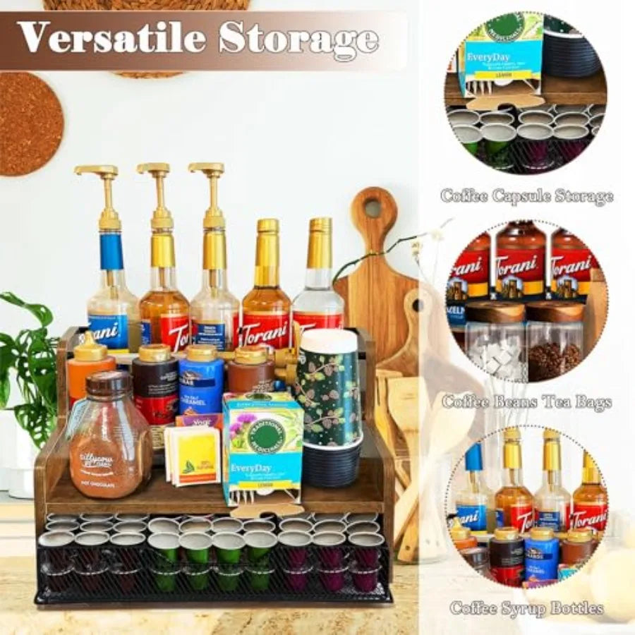 Coffee Syrup Organizer 3Tier 12 Bottles Coffee Syrup Rack with 36 K Cup Storage Basket for Coffee Bar Organizer Wine Office Kit