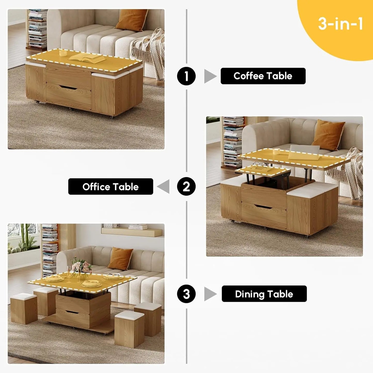 Natural Lift Top Coffee Table With Hidden Storage And Four Stools Three In One Modern Multi Function Center Table